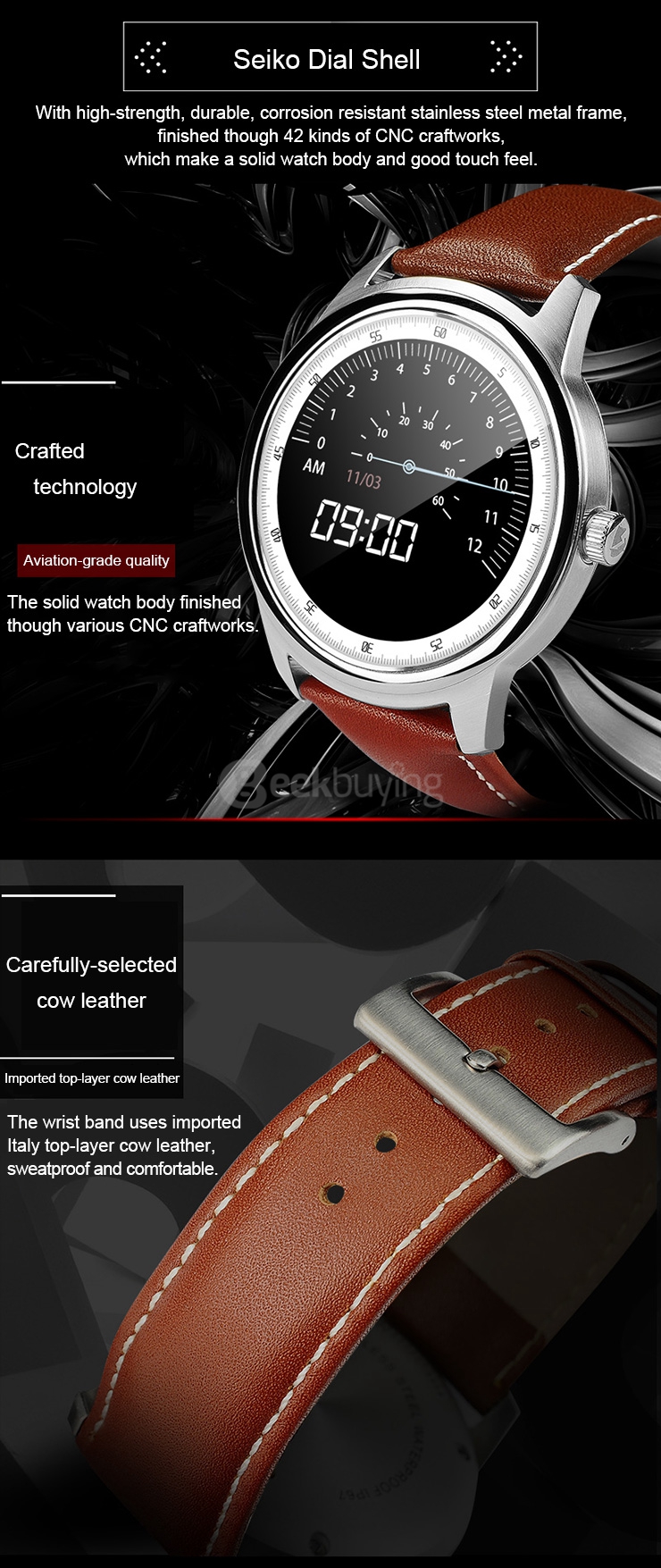 Makibes DM365 Bluetooth 4.0 Smart Watch MT2502A With Leather Strap Touch Screen Pedometer Sleep Monitor Anti-lost for iOS Android - Black