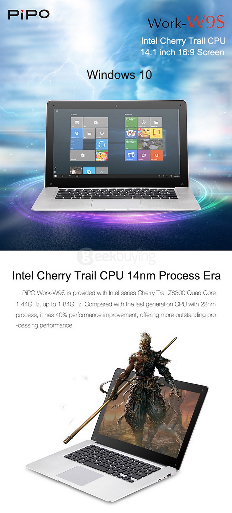 Pipo W9S Ultrabook Laptop 4GB/64GB 14.1 inch Windows10 Intel Cherry Trail Z8300 Quad Core 1.84GHz 1366*768 TN Screen 10000mAh Battery - Silver