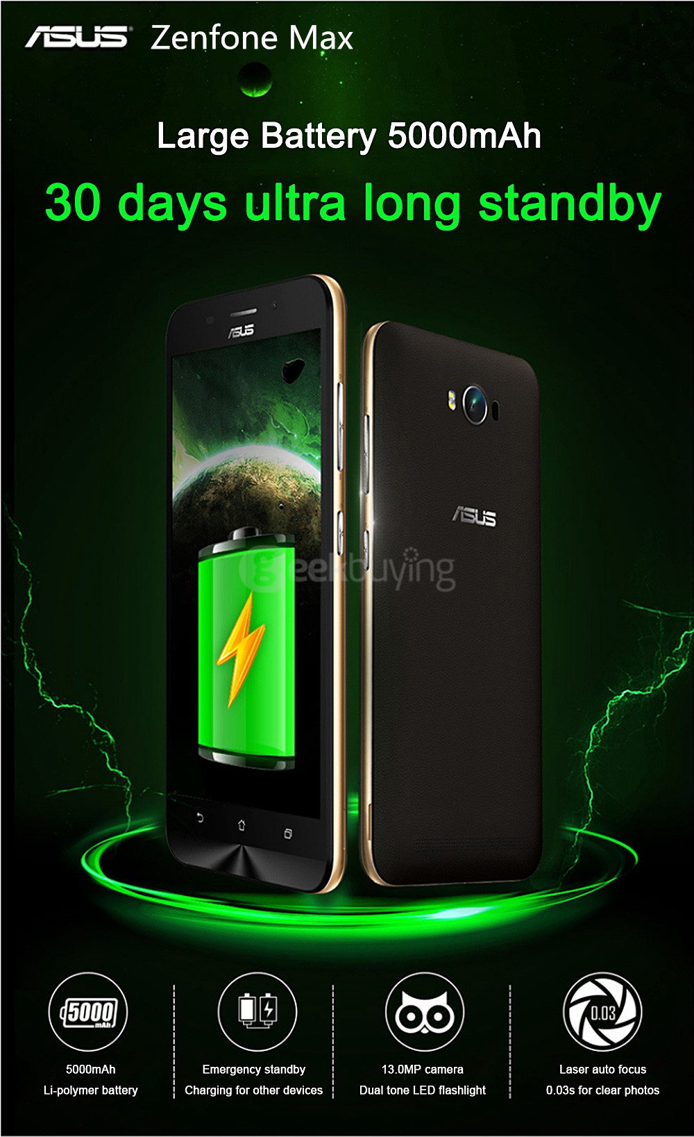 [Spain Stock]ASUS Zenfone Max 5.5inch HD 5000mAh 4G LTE 2GB RAM 16GB ROM Smartphone Snapdragon MSM8916 Quad Core 1.2GHz - Black