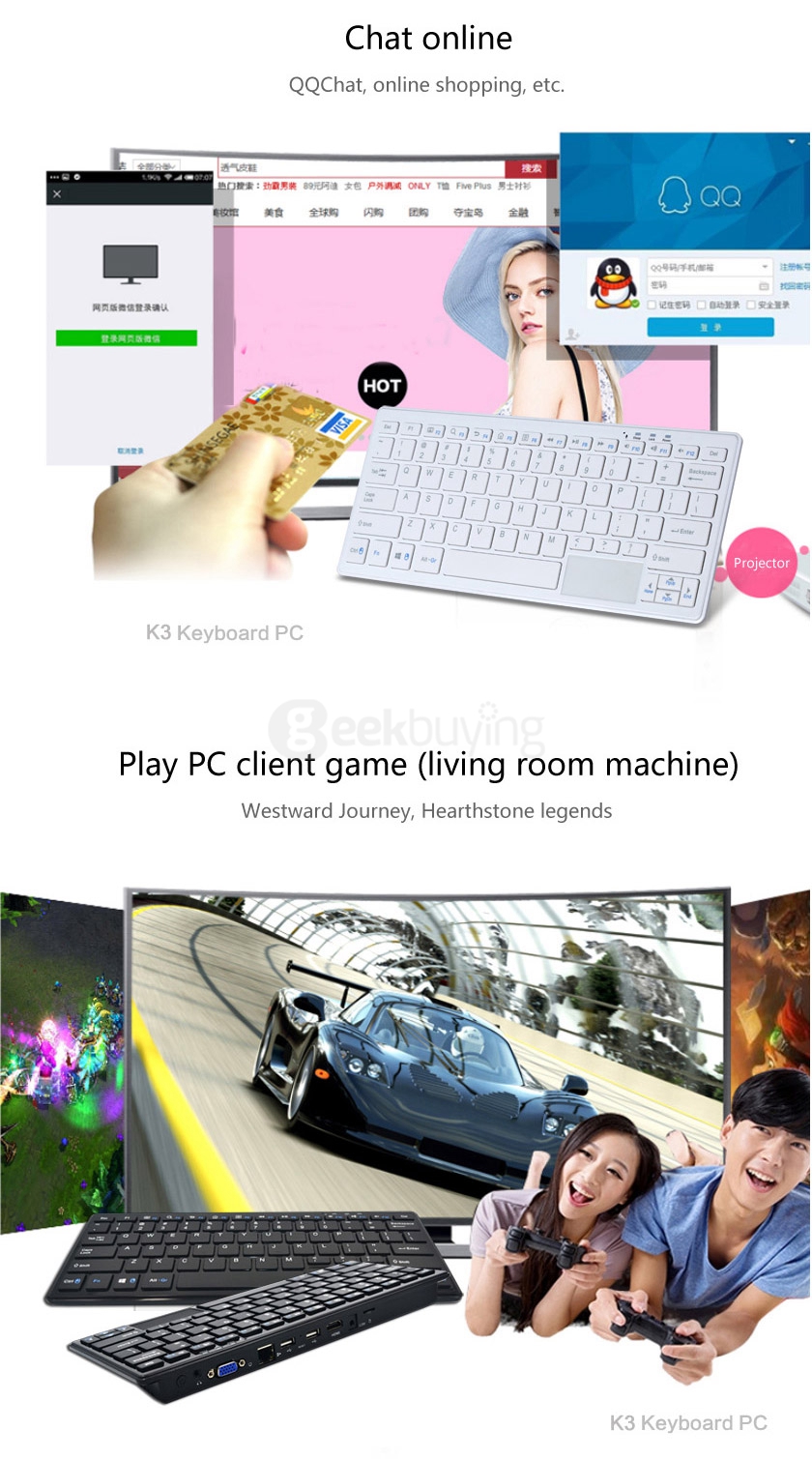 K3 Wintel Keyboard Windows MINI PC with 76 Keys & Touch Pannel Intel Z3735F 2G/32G 802.11 b/g/n LAN Bluetooth4.0 HDMI VGA - White