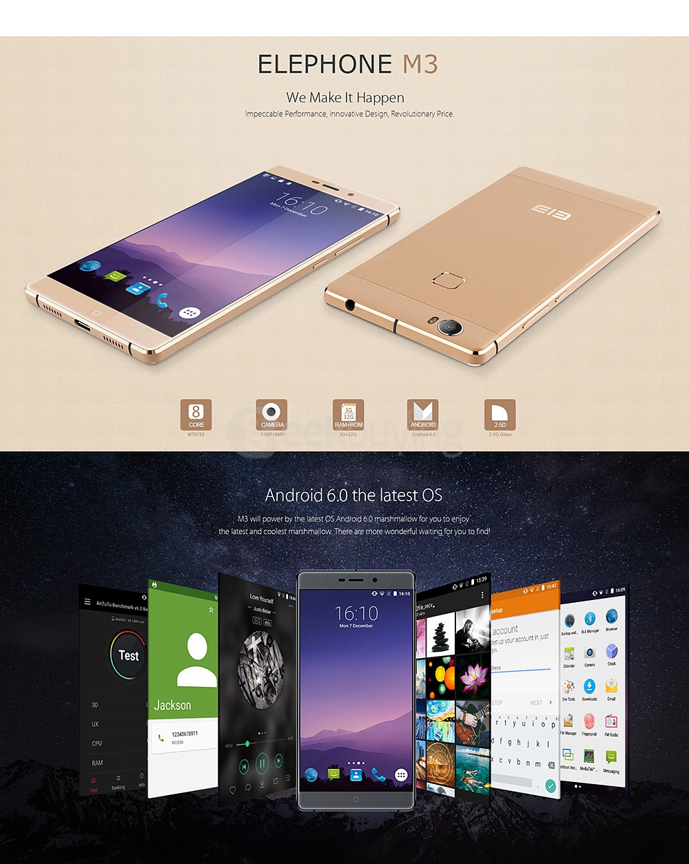 Elephone M3 5.5inch MT6755 Helio P10 Octa Core Android 5.1 3GB 32GB Smartphone 4G LTE 21.0MP Type-C 3.0 - Champagne Golden