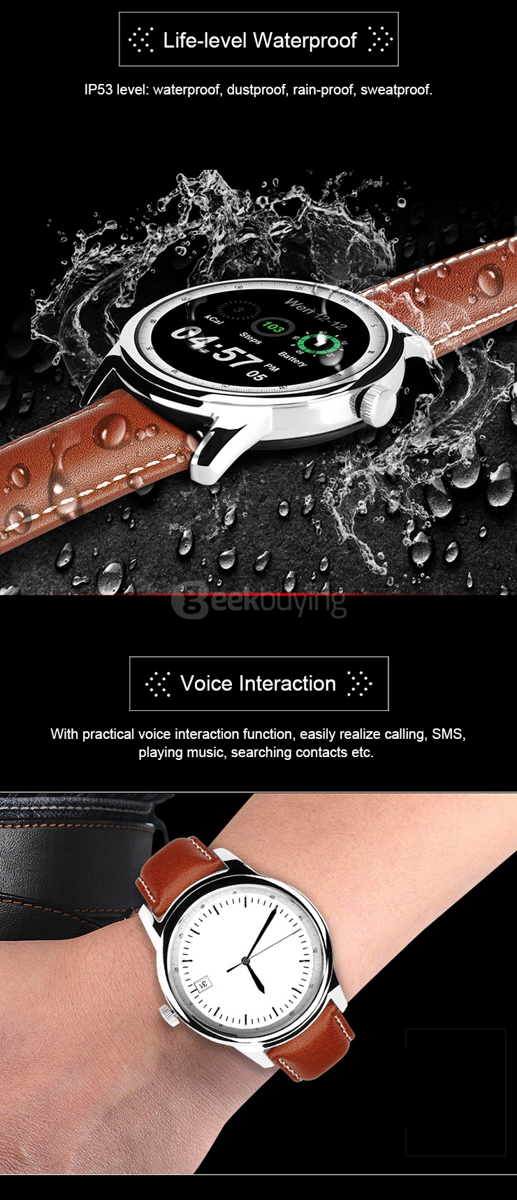 Makibes DM365 Bluetooth 4.0 Smart Watch MT2502A With Leather Strap Touch Screen Pedometer Sleep Monitor Anti-lost for iOS Android - Black