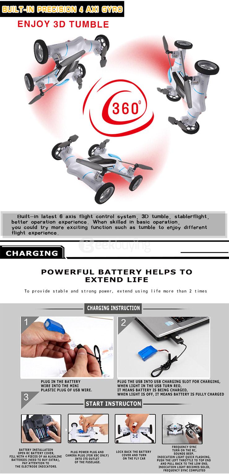 Syma X9 Land & Sky 2 in 1 2.4G 4CH 6Axis 3D Flips Rechargeable Flying Car RC Quadcopter RTF - Red