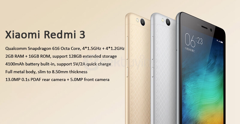 XIAOMI Redmi 3 5.0inch HD 4G LTE 2GB 16GB Smartphone Qualcomm Snapdragon 616 Octa Core 1.5GHz 4100mAh Battery - Plaid Gold