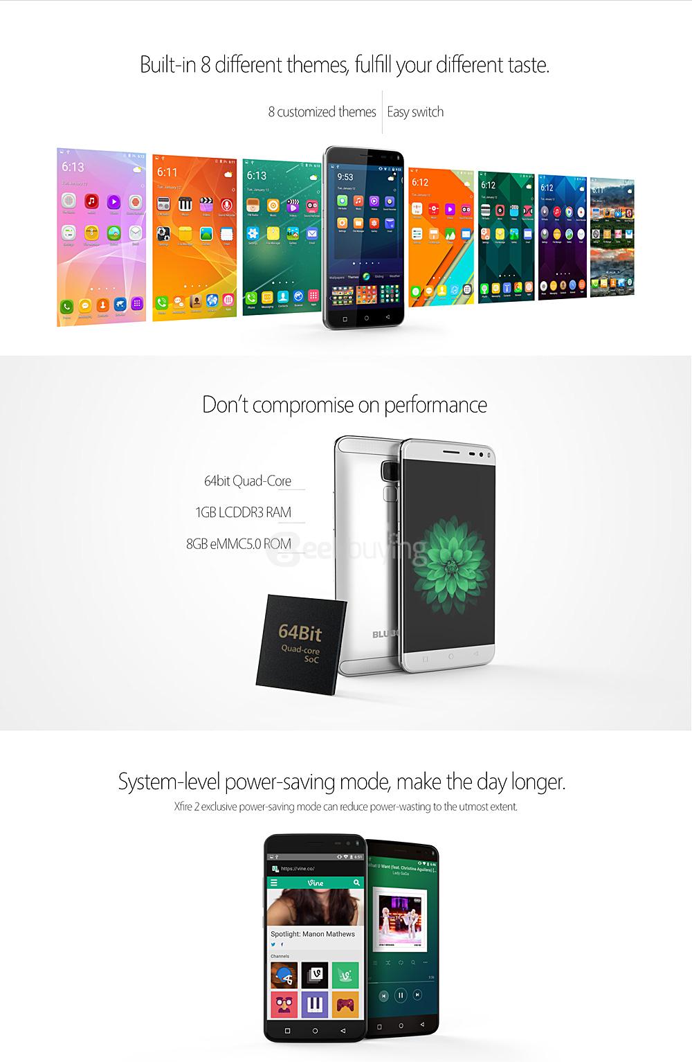 BLUBOO Xfire 2 5.0inch 2.5D IPS HD Screen 3G Smartphone Android 5.1 1GB 8GB MTK6580 1.2GHz Quad Core 8.0MP Touch ID - Black