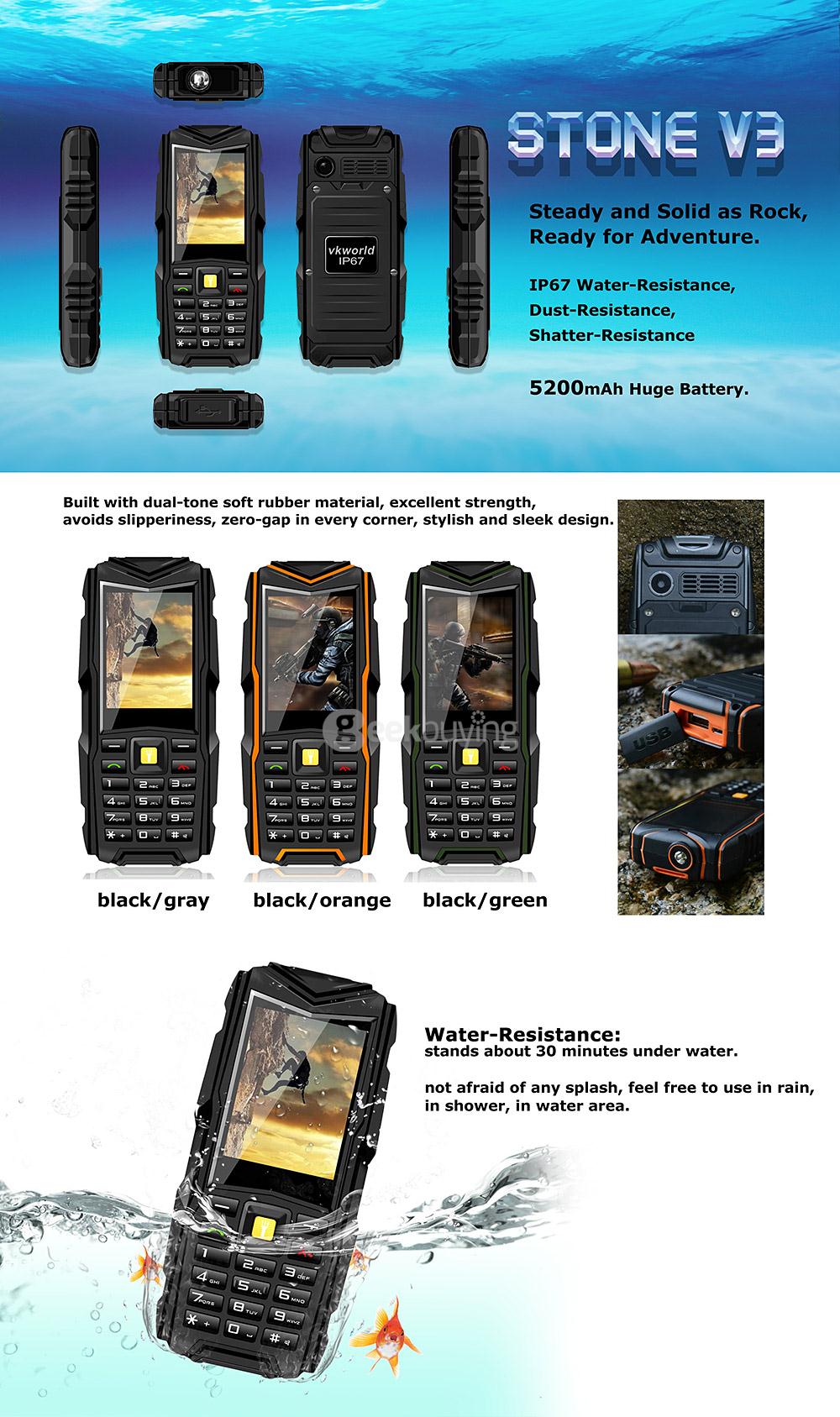 VKworld Stone V3 5200mAh Battery IP67 Waterproof Phone Dustproof Shockproof Flashlight FM Dual SIM Cards GSM Cell Phone - Green