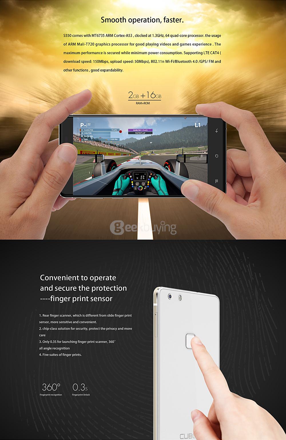 [HK Stock] CUBOT S550 5.5inch IPS HD 4G FDD-LTE Android 5.1 Smartphone 2GB 16GB 64-bit MTK6735 Quad Core 13.0MP Touch ID - White