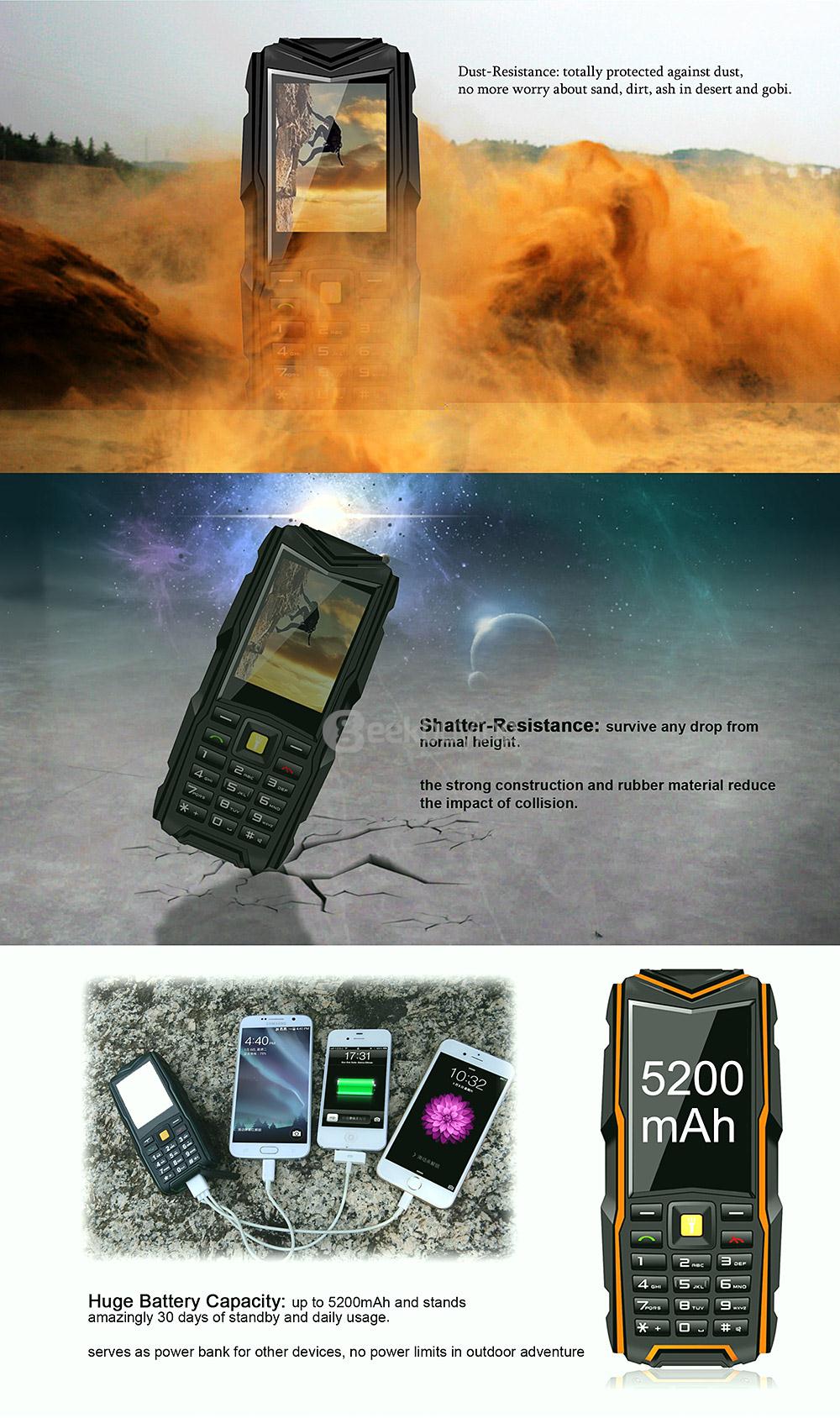 VKworld Stone V3 5200mAh Battery IP67 Waterproof Phone Dustproof Shockproof Flashlight FM Dual SIM Cards GSM Cell Phone - Green