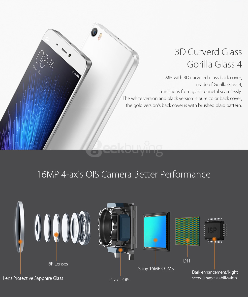 [HK Stock]Xiaomi Mi5 5.15inch FHD Android 6.0 OS 3GB 32GB 4G LTE Smartphone 64-Bit Qualcomm Snapdragon 820 Quad Core Type-C 3D Glass Cover - Black