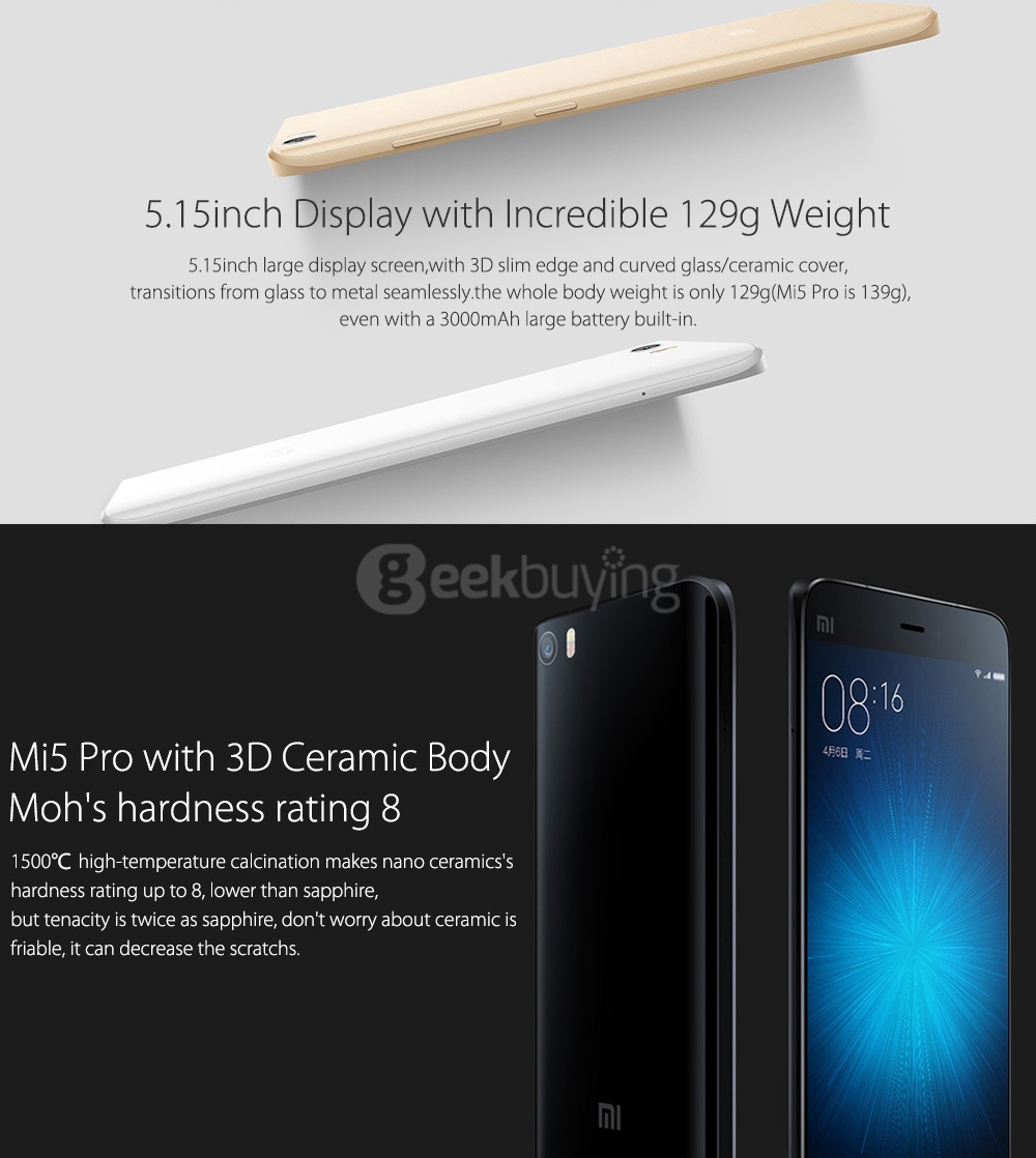 [HK Stock]Xiaomi Mi5 5.15inch FHD Android 6.0 OS 3GB 64GB 4G LTE Smartphone 64-Bit Qualcomm Snapdragon 820 Quad Core Type-C 3D Glass Cover - White