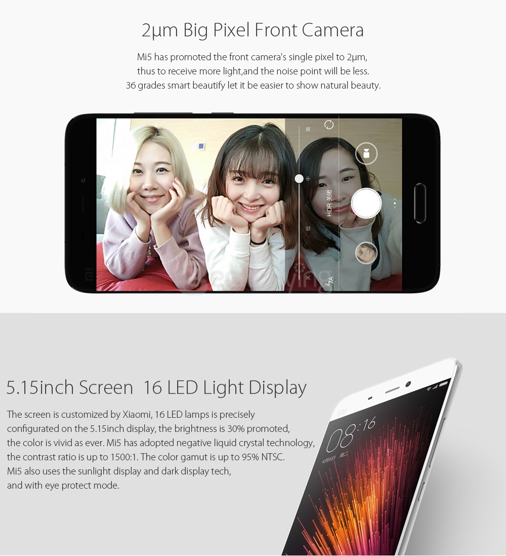 [HK Stock]Xiaomi Mi5 5.15inch FHD Android 6.0 OS 3GB 32GB 4G LTE Smartphone 64-Bit Qualcomm Snapdragon 820 Quad Core Type-C 3D Glass Cover - Black