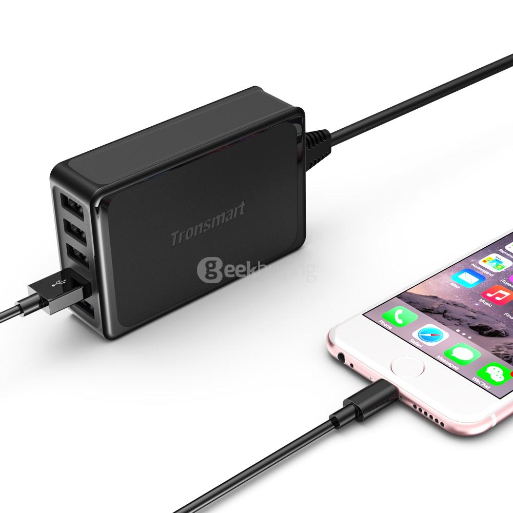 Bundle Tronsmart Quick Charge 3.0 USB Charger 1 Quick Charge Port and 4 VoltIQ Ports 54W  US Plug + Tronsmart [5 Pack] 6ft*1 & 3.3ft*3 & 0.3ft*1 Gold Plated Premium Micro USB Cable