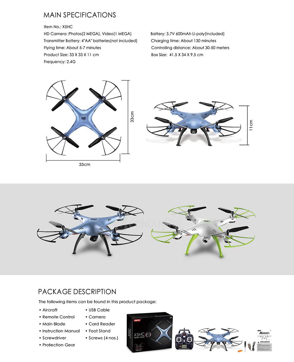 Syma X5HC With 2MP HD Camera 3D Roll Altitude Hold Headless Mode 2.4G 4CH 6Axis RC Quadcopter RTF - White
