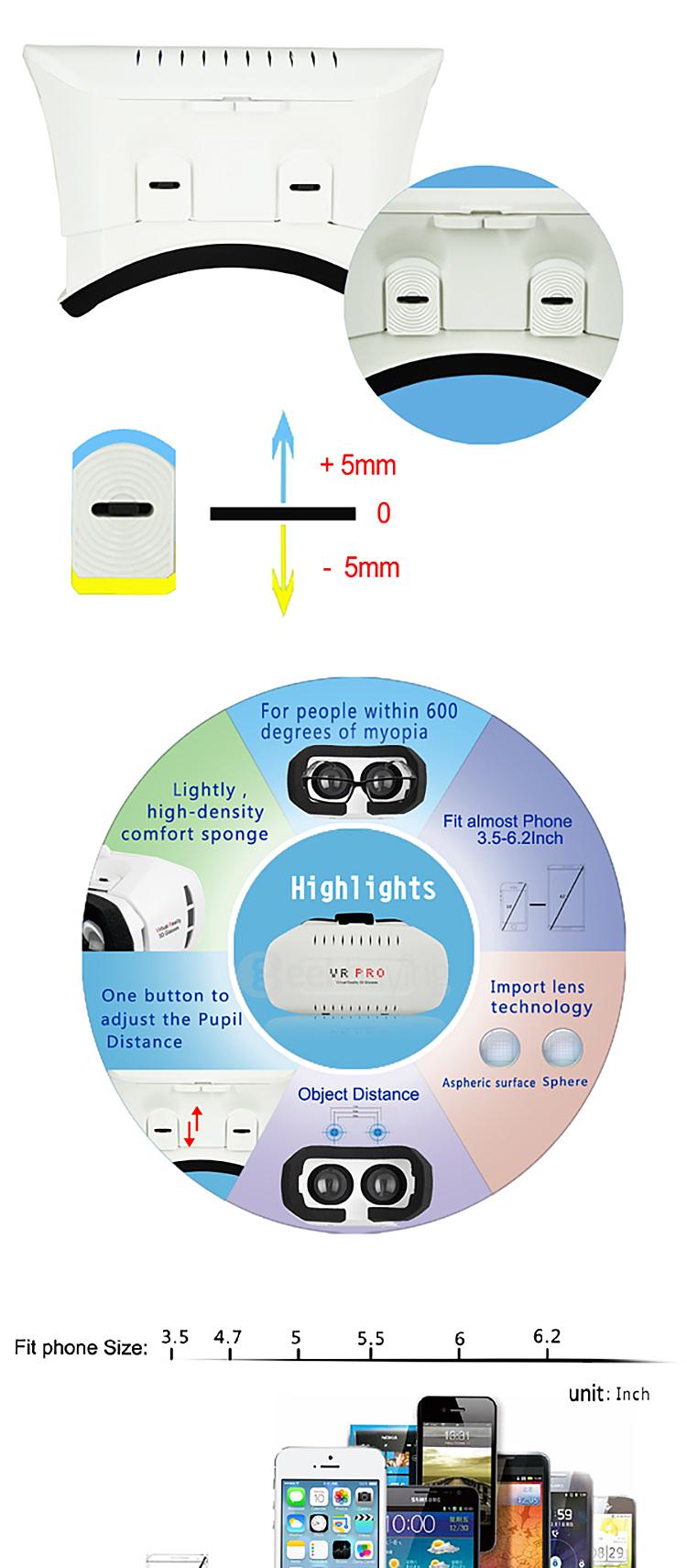 VR Pro Box 3D Immersive VR Virtual Reality Headset FOV 80 IPD Focus Adjustment With Bluetooth Remote Control for 3.5-6.2inch Smartphones - White