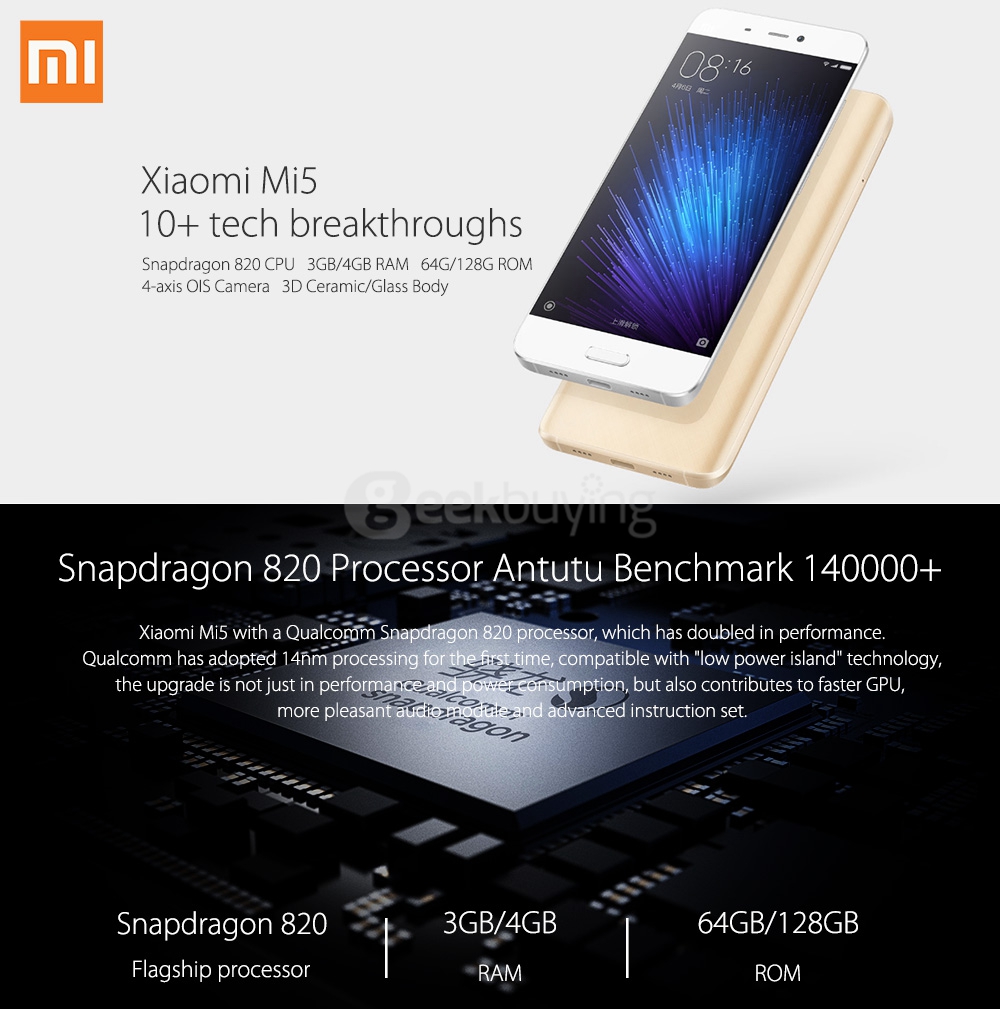 [HK Stock]Xiaomi Mi5 5.15inch FHD Android 6.0 OS 3GB 64GB 4G LTE Smartphone 64-Bit Qualcomm Snapdragon 820 Quad Core Type-C 3D Glass Cover - White