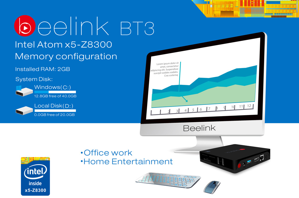 Beelink BT3 Intel Z8300 64Bit NUC PC 2.4G/5.8G Dual Band WIFI Gigabit LAN Bluetooth4.0 40GB C Disk + 20GB D Disk