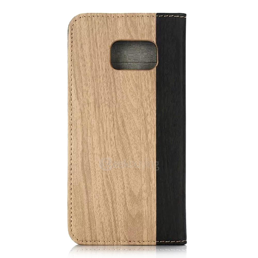 Leather Case For Samsung Galaxy S7 / G930A G9300 Flip Wood Pattern Standing Protective Holster - Khaki