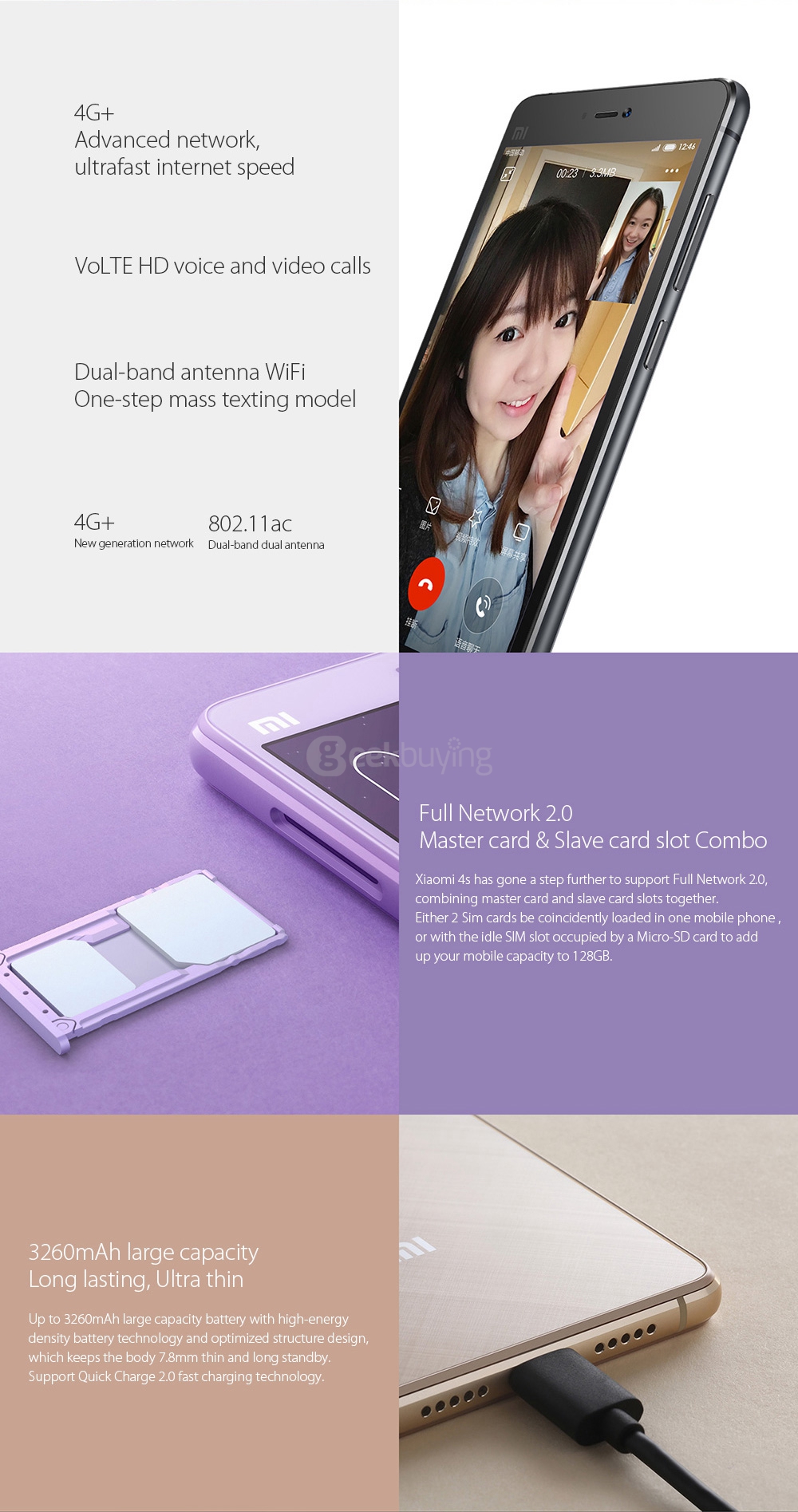 Xiaomi Mi4S /Mi 4S 4G LTE 5.0inch FHD MIVI V7.2 OS 2GB 16GB Smartphone 64-bit Snapdragon 808 Hexa Core 13.0MP Touch ID Type-C QC2.0 - White