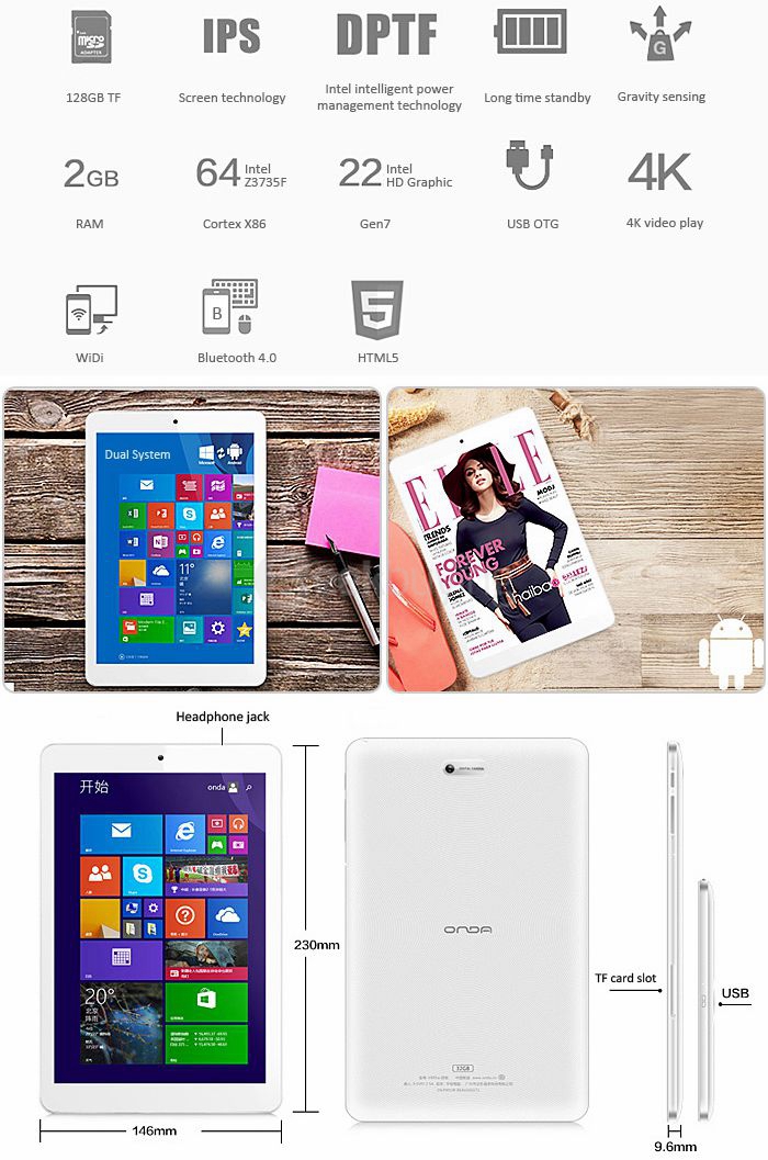 ONDA V891W Dual OS Windows8.1 + Android4.4 2GB/32GB 8.9 inch Tablet PC Intel Z3735F Quad Core 1.83Ghz IPS 1920*1200 - White