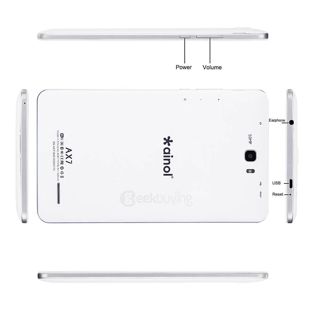 AINOL AX7 3G Phablet 7 Inch Android 4.4 1GB/16GB MTK8392 Octa Core 1.7GHz IPS 1920*1200 GPS Bluetooth - White