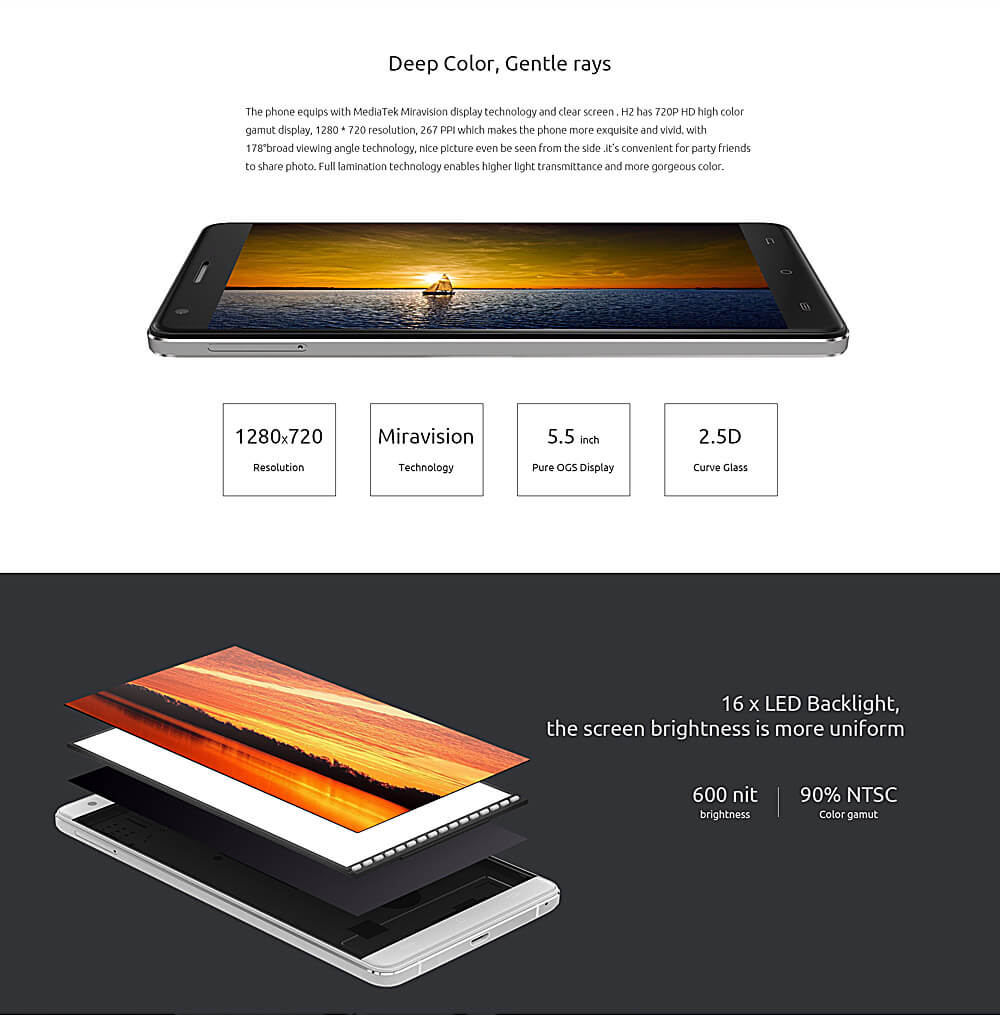 [HK Stock]CUBOT H2 Smartphone 5.5inch IPS HD 4G FDD-LTE Android 5.1 3GB 16GB MTK6735A Quad Core 5000mAh Battery - Gold