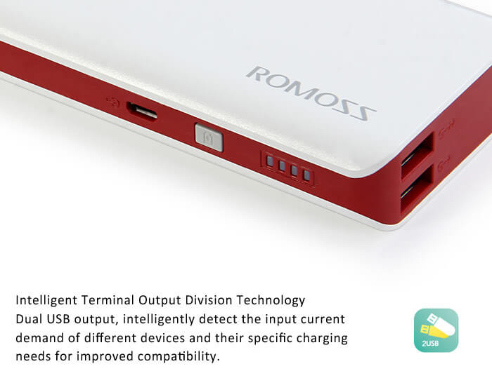 Original ROMOSS Sense4 Dual USB 10400mAh Power Bank Mobile Power Charger - Red+White