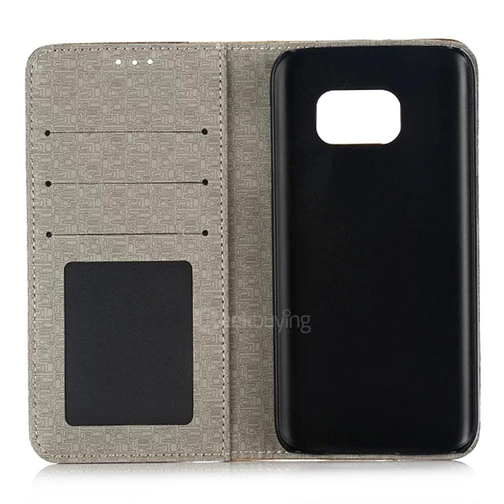 Leather Case For Samsung Galaxy S7 / G930A G9300 Flip Wood Pattern Standing Protective Holster - Khaki