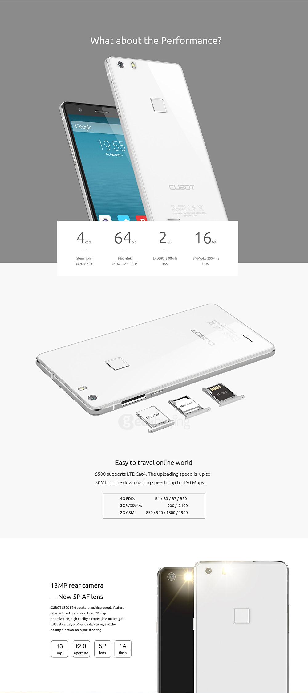 CUBOT S500 5.0inch IPS HD 4G FDD-LTE Android 5.1 Smartphone 2GB 16GB 64-bit MTK6735 Quad Core 13.0MP Touch ID - White