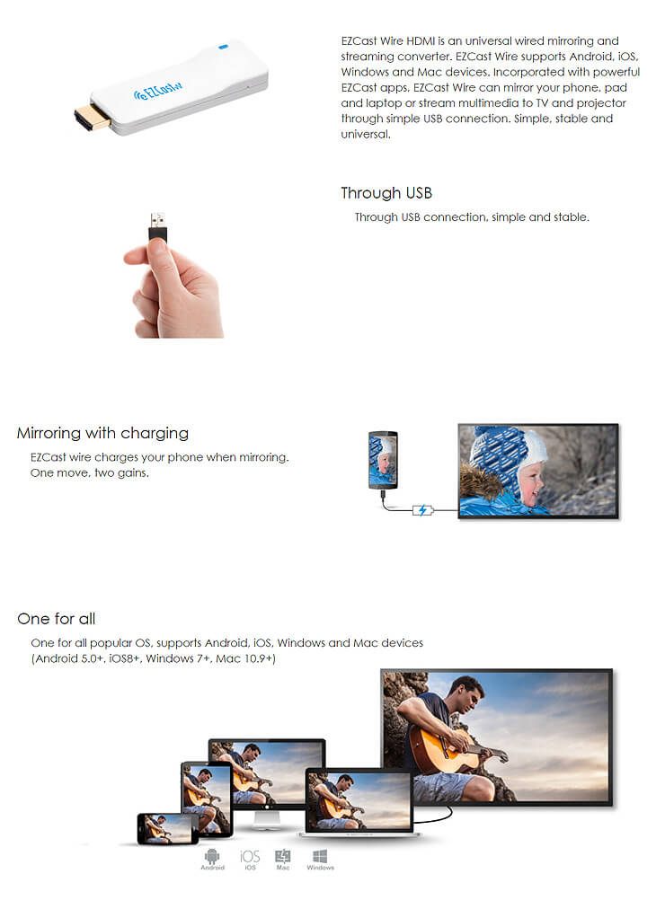 EZCast Wire HDMI 1080P Universal Wired Mirroring and Streaming Converter for iOS, Android, Windows and Mac devices