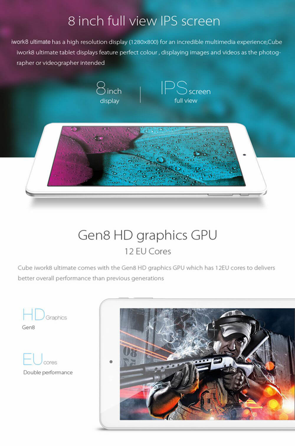 [Spain Stock] Cube iWork8 Ultimate Dual OS Windows10 + Android5.1 8 inch 2GB/32GB Tablet PC Intel Cherry Trail Z8300 Quad Core 1.84GHz IPS 1280*800 HDMI - White