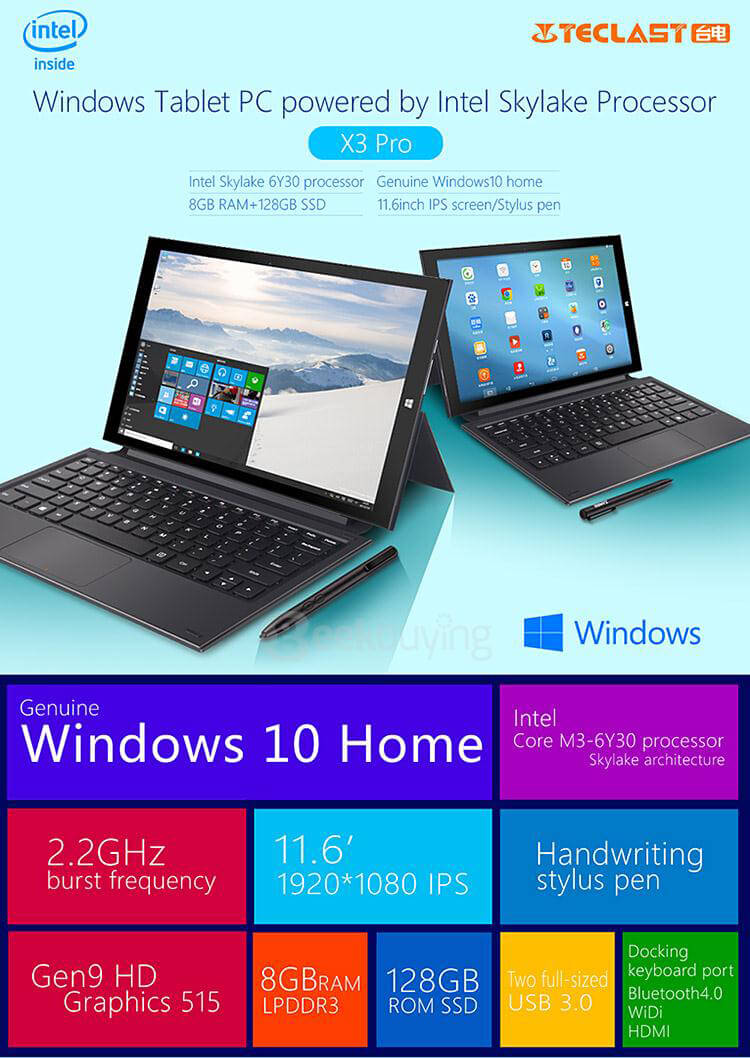 [Spain Stock]Teclast X3 Pro 2in1 Ultrabook Tablet 11.6 inch Windows10 8GB RAM 128GB SSD Intel Skylake Core M3-6Y30 2.2GHz IPS 1920*1080 - Black