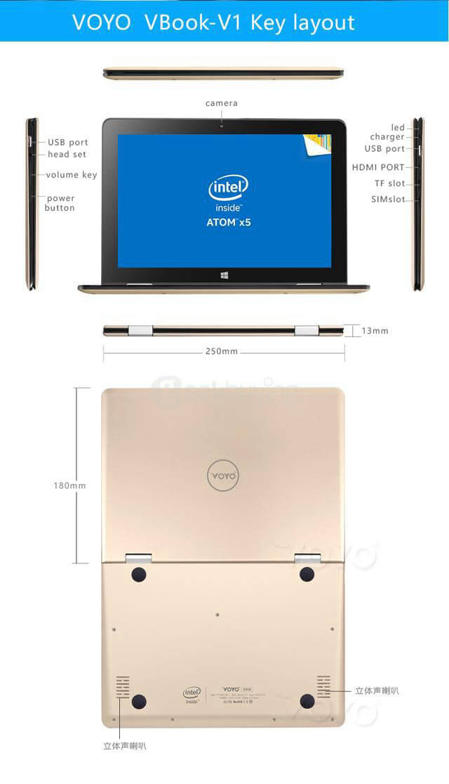 VOYO VBook V1 4G Ultrabook 10.1 inch Windows 10 4GB/64GB Intel Cherry Trail Z8300 Quad Core 1.84GHz IPS Screen 1280*800 (With Stylus) - Gold