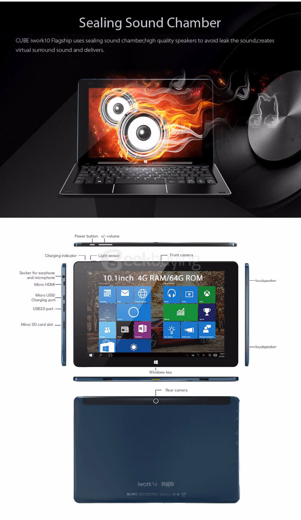 [Spain Stock]Cube iWork10 Flagship 10.1 inch Dual OS Win10 + Android 5.1 4GB/64GB Ultrabook Tablet PC Intel Cherry Trail Z8300 Quad Core 1.84GHz IPS 1920*1200 HDMI - Deep Blue