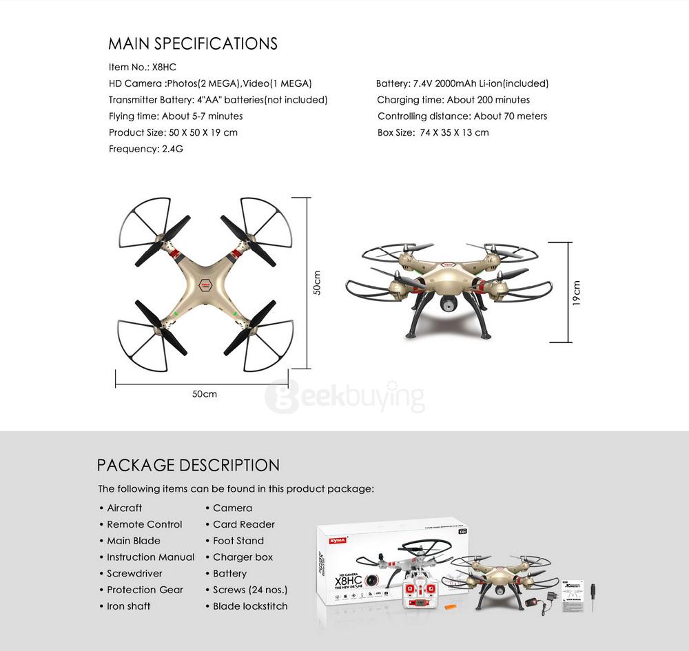 Syma X8HC With 2MP HD Camera Altitude Hold Headless Mode 2.4G 4CH 6Axis RC Quadcopter RTF