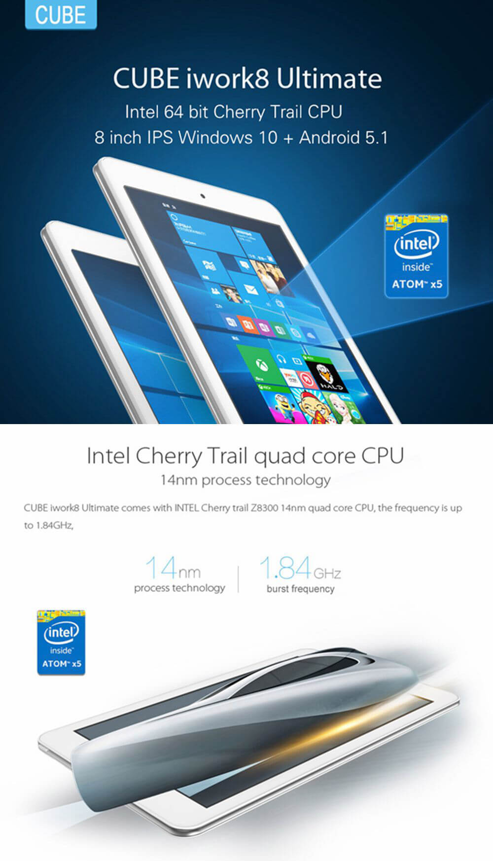 [Spain Stock] Cube iWork8 Ultimate Dual OS Windows10 + Android5.1 8 inch 2GB/32GB Tablet PC Intel Cherry Trail Z8300 Quad Core 1.84GHz IPS 1280*800 HDMI - White