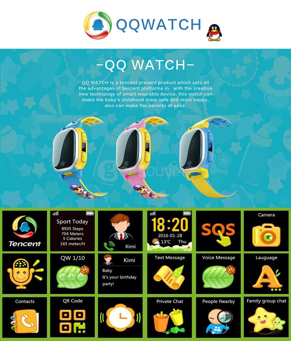 (US Version) Tencent QQ Watch Smart GPS Tracker WiFi Locating Kids Wrist GSM Watch Phone Voice Chat SOS Alarm for Children Safe Security - Pink