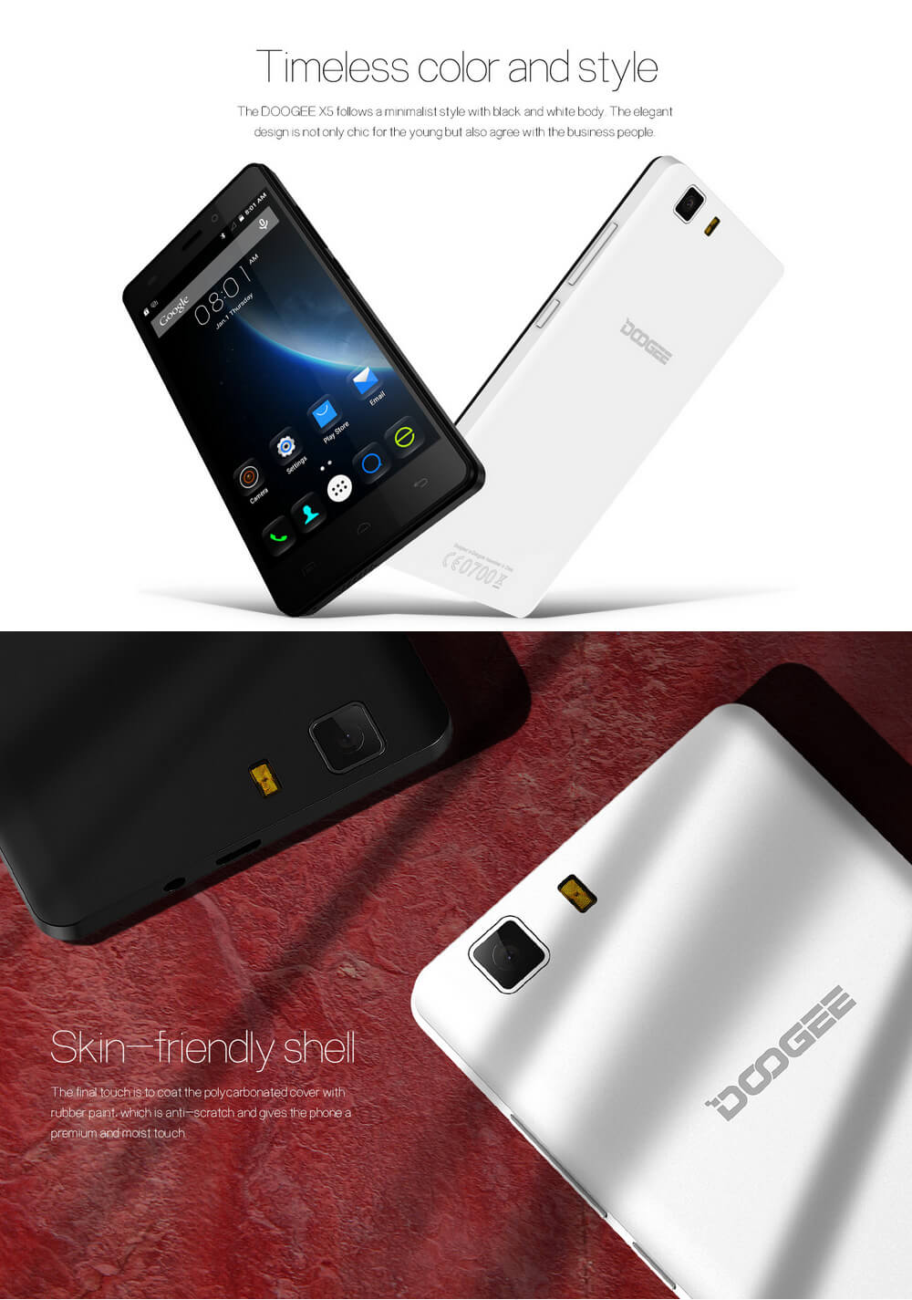 [HK Stock][Package B]DOOGEE X5 5.0inch PS HD Android 5.1 Smartphone(White) + Leather Case(White) + Tempered Glass Screen Protector