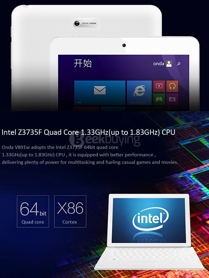 ONDA V891W Dual OS Windows8.1 + Android4.4 2GB/32GB 8.9 inch Tablet PC Intel Z3735F Quad Core 1.83Ghz IPS 1920*1200 - White