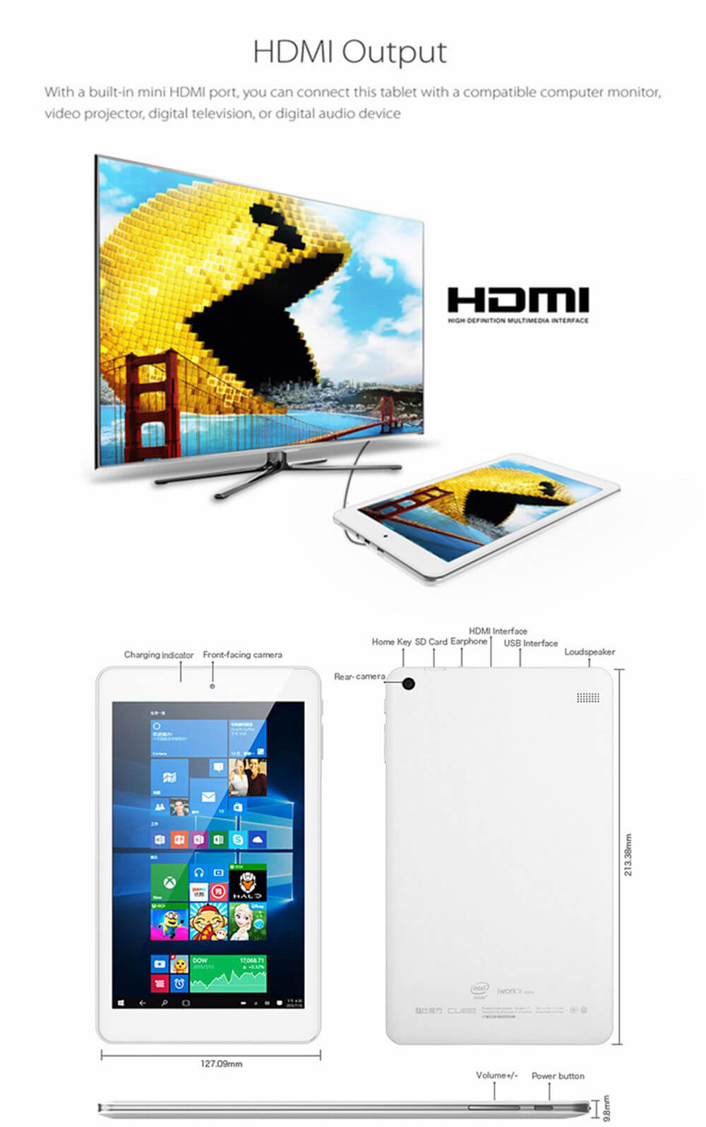 [Spain Stock] Cube iWork8 Ultimate Dual OS Windows10 + Android5.1 8 inch 2GB/32GB Tablet PC Intel Cherry Trail Z8300 Quad Core 1.84GHz IPS 1280*800 HDMI - White