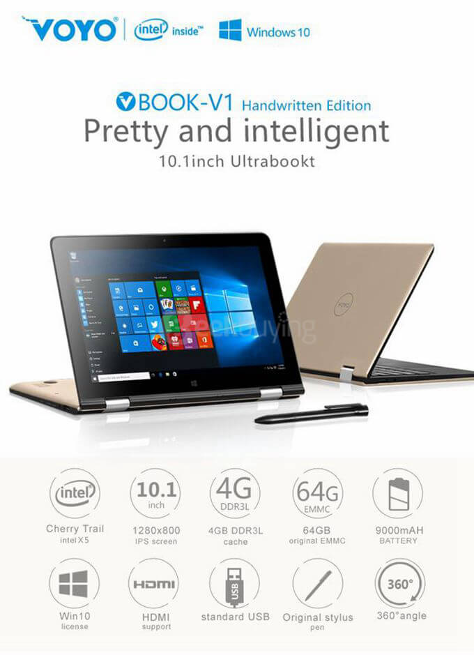 VOYO VBook V1 4G Ultrabook 10.1 inch Windows 10 4GB/64GB Intel Cherry Trail Z8300 Quad Core 1.84GHz IPS Screen 1280*800 (With Stylus) - Gold