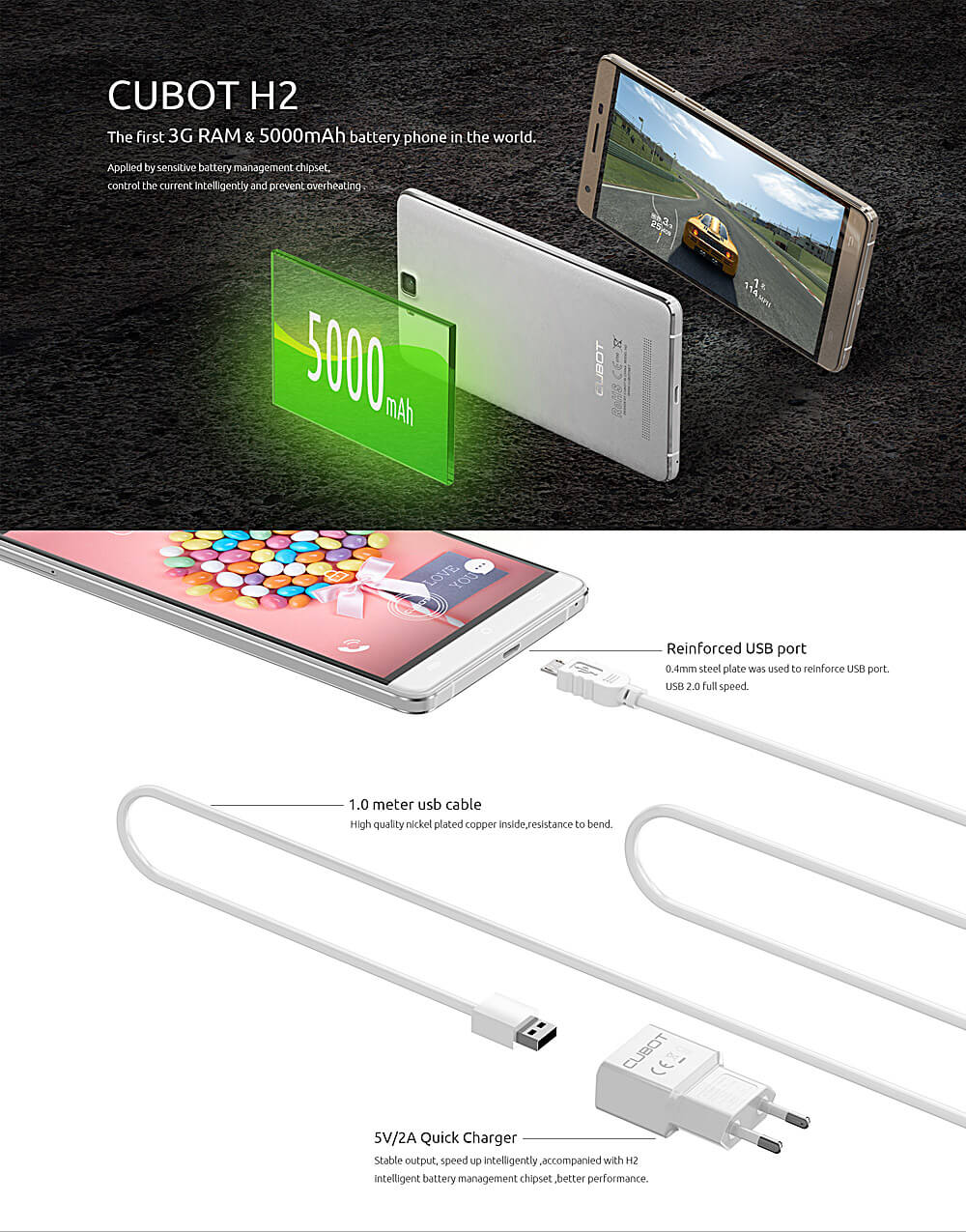 [HK Stock]CUBOT H2 5.5inch IPS HD 4G FDD-LTE Android 5.1 3GB 16GB Smartphone MTK6735A Quad Core 5000mAh Battery - White