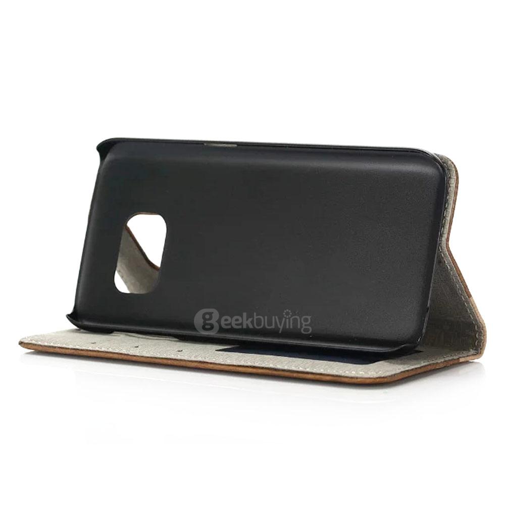 Leather Case For Samsung Galaxy S7 / G930A G9300 Flip Wood Pattern Standing Protective Holster - Khaki