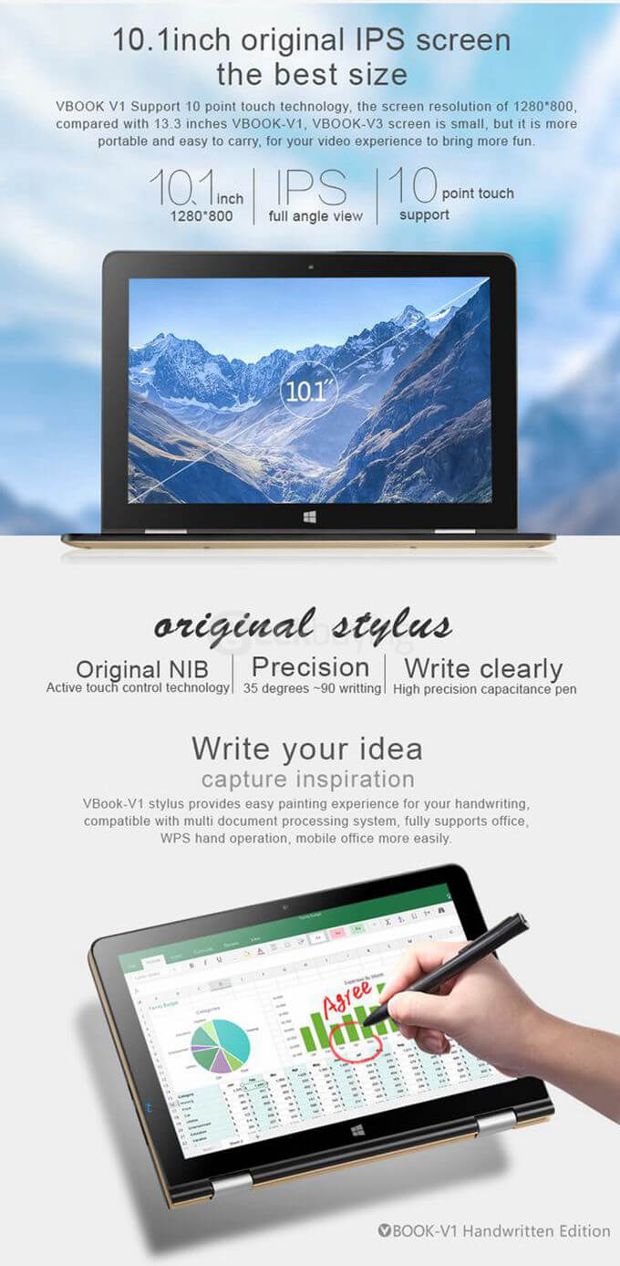 VOYO VBook V1 4G Ultrabook 10.1 inch Windows 10 4GB/64GB Intel Cherry Trail Z8300 Quad Core 1.84GHz IPS Screen 1280*800 (With Stylus) - Gold