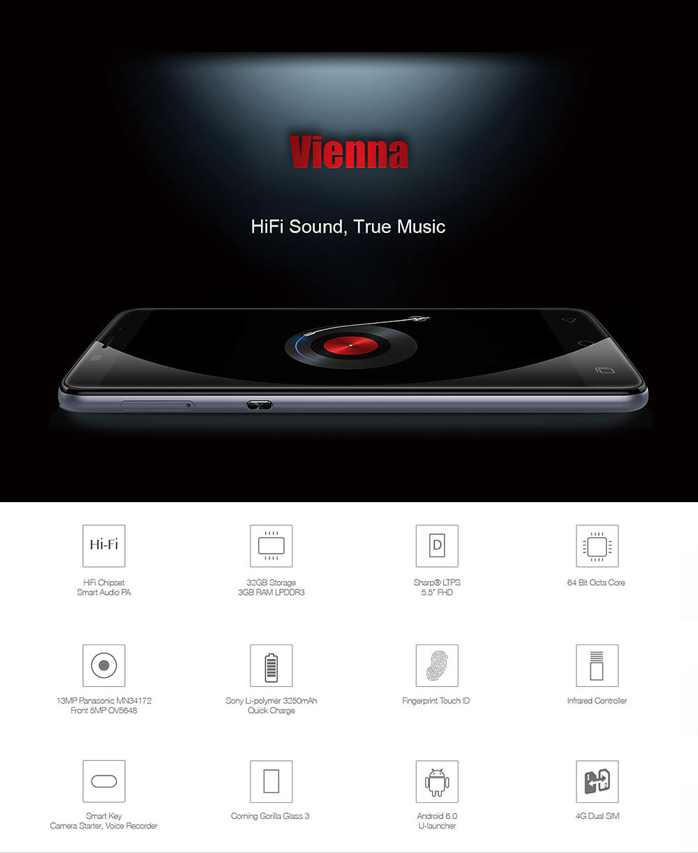 [HK Stock]Ulefone Vienna 2.5D Sharp 5.5inch FHD Android 5.1 4G LTE 3GB+32GB Smartphone MTK6753 3250mAh Quick Charge 13.0MP Touch ID HIFI IR Smart Key-Black