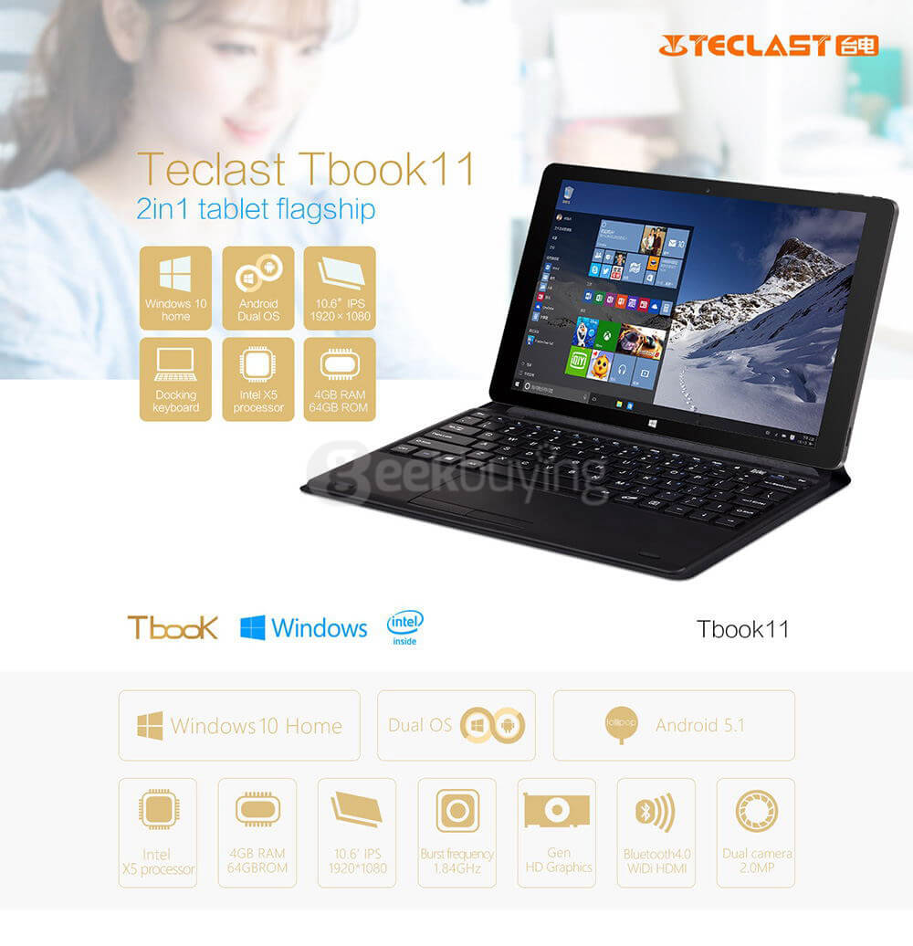 Teclast TBook 11 10.6 inch Intel Cherry Trail Z8300 Dual OS Windows10 + Android5.1 4GB/64GB 2in1 Tablet Quad Core 1.84GHz IPS 1920*1080 - Black