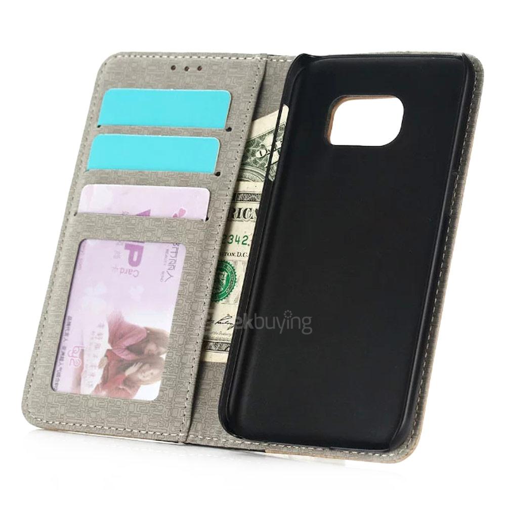 Leather Case For Samsung Galaxy S7 / G930A G9300 Flip Wood Pattern Standing Protective Holster - Khaki