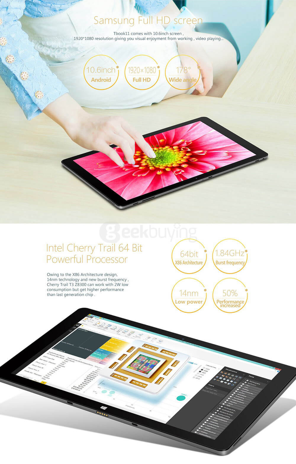 Teclast TBook 11 10.6 inch Intel Cherry Trail Z8300 Dual OS Windows10 + Android5.1 4GB/64GB 2in1 Tablet Quad Core 1.84GHz IPS 1920*1080 - Black