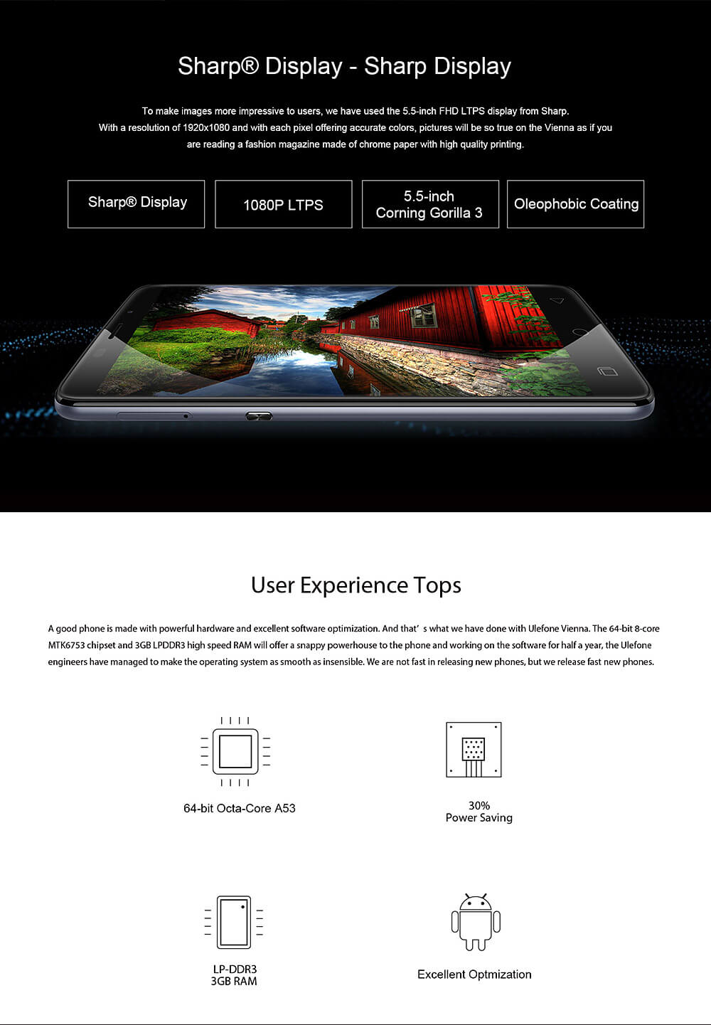 [Spain Stock]Ulefone Vienna 2.5D Sharp 5.5inch FHD Android 5.1 4G LTE 3GB+32GB Smartphone MTK6753 3250mAh Quick Charge 13.0MP Touch ID HIFI IR Smart Key-Black