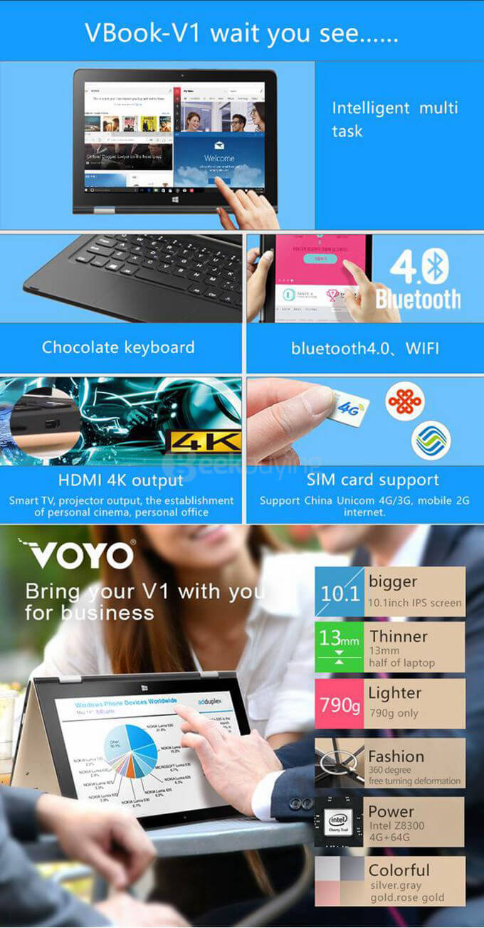 VOYO VBook V1 4G Ultrabook 10.1 inch Windows 10 4GB/64GB Intel Cherry Trail Z8300 Quad Core 1.84GHz IPS Screen 1280*800 (With Stylus) - Gold