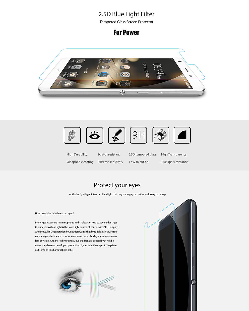 Anti Blue Ray Toughened Tempered Glass Screen Protector For Ulefone Power Film Cover Arc Edge